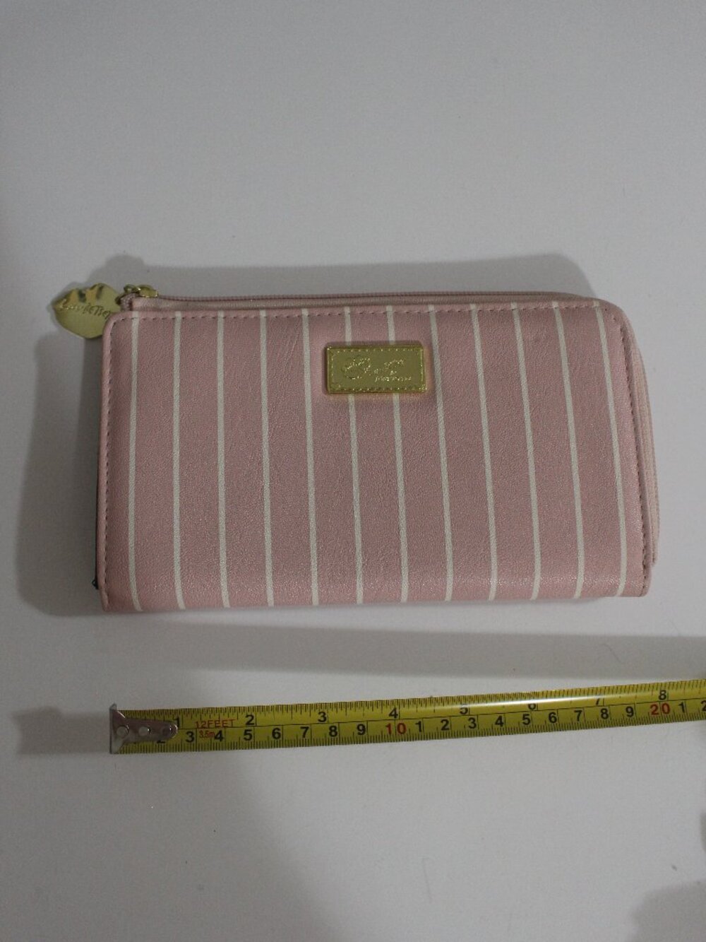 Betsey Johnson Pink & Cream Striped Zip-Around Wallet with Lip Charm